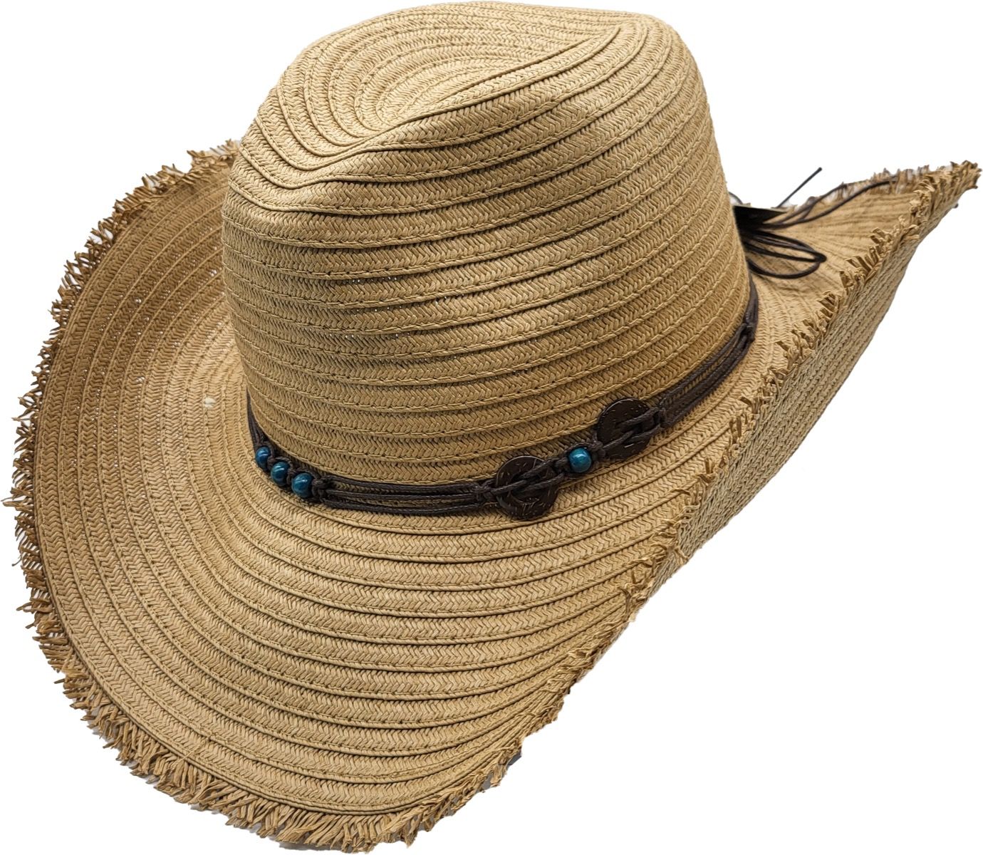 Straw Western Hat with Turquoise Beads Beige